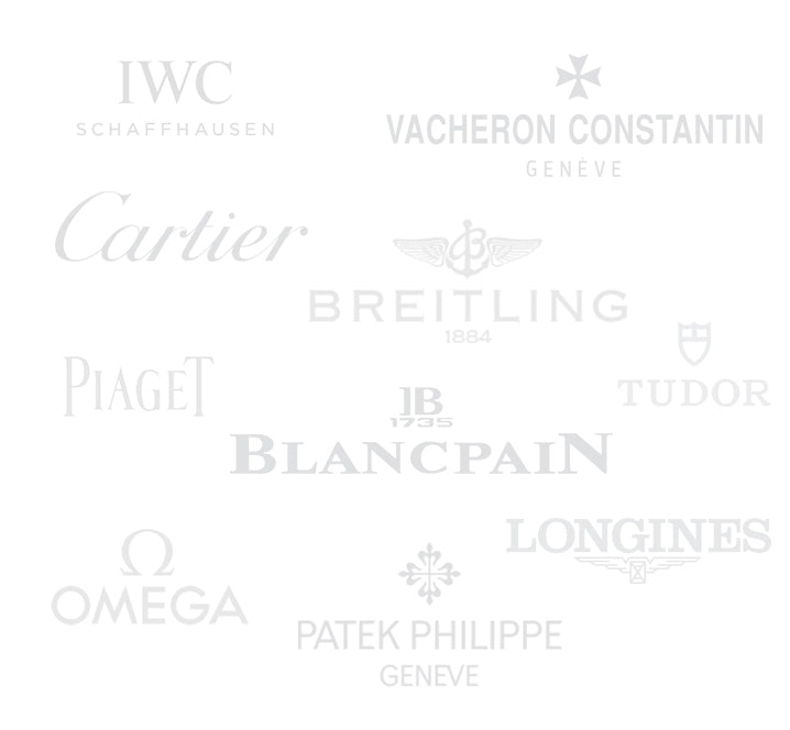 Luxury watch brands we work with: Rolex, Cartier, Omega, Breitling, and Patek Philippe, offering buy, sell, and loan services.