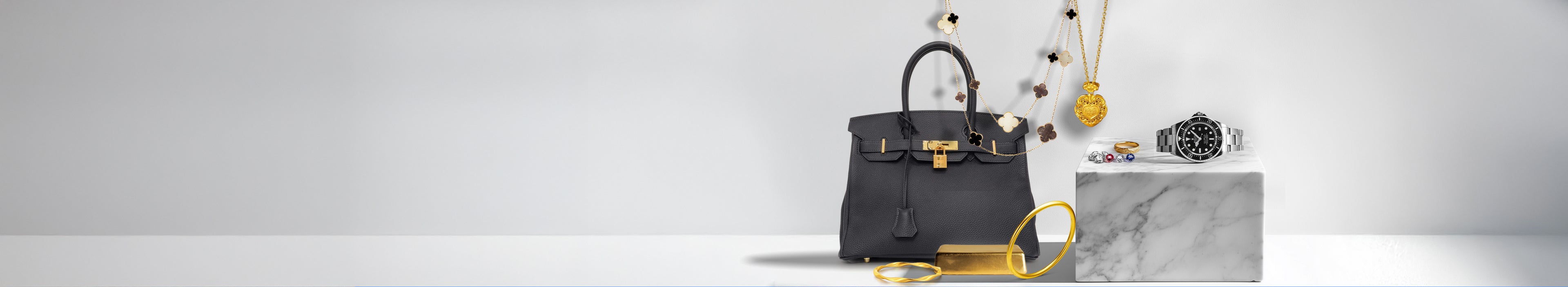 Collateral loans on luxury items including Hermes Birkin bags, Rolex watches, Van Cleef & Arpels jewelry, and gold accessories.