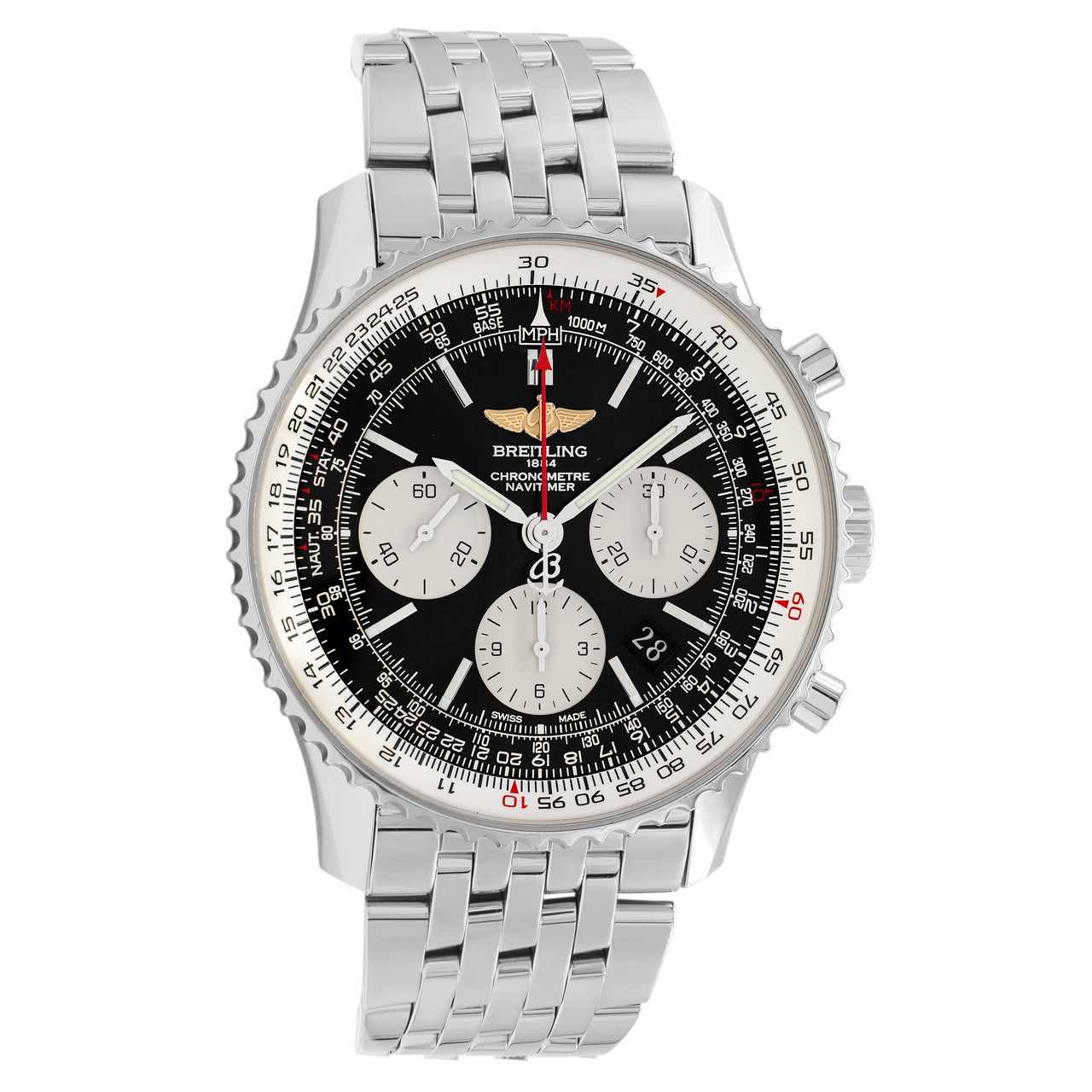 Silver Breitling watch with a black face on a white background