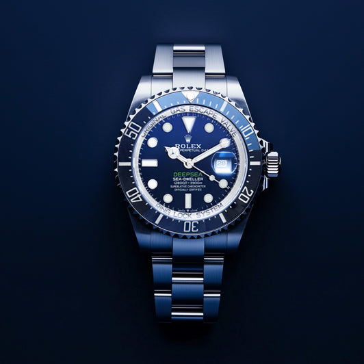Rolex Deepsea watch showcased with details on trusted evaluations, same-day payouts, and confidential luxury watch services.