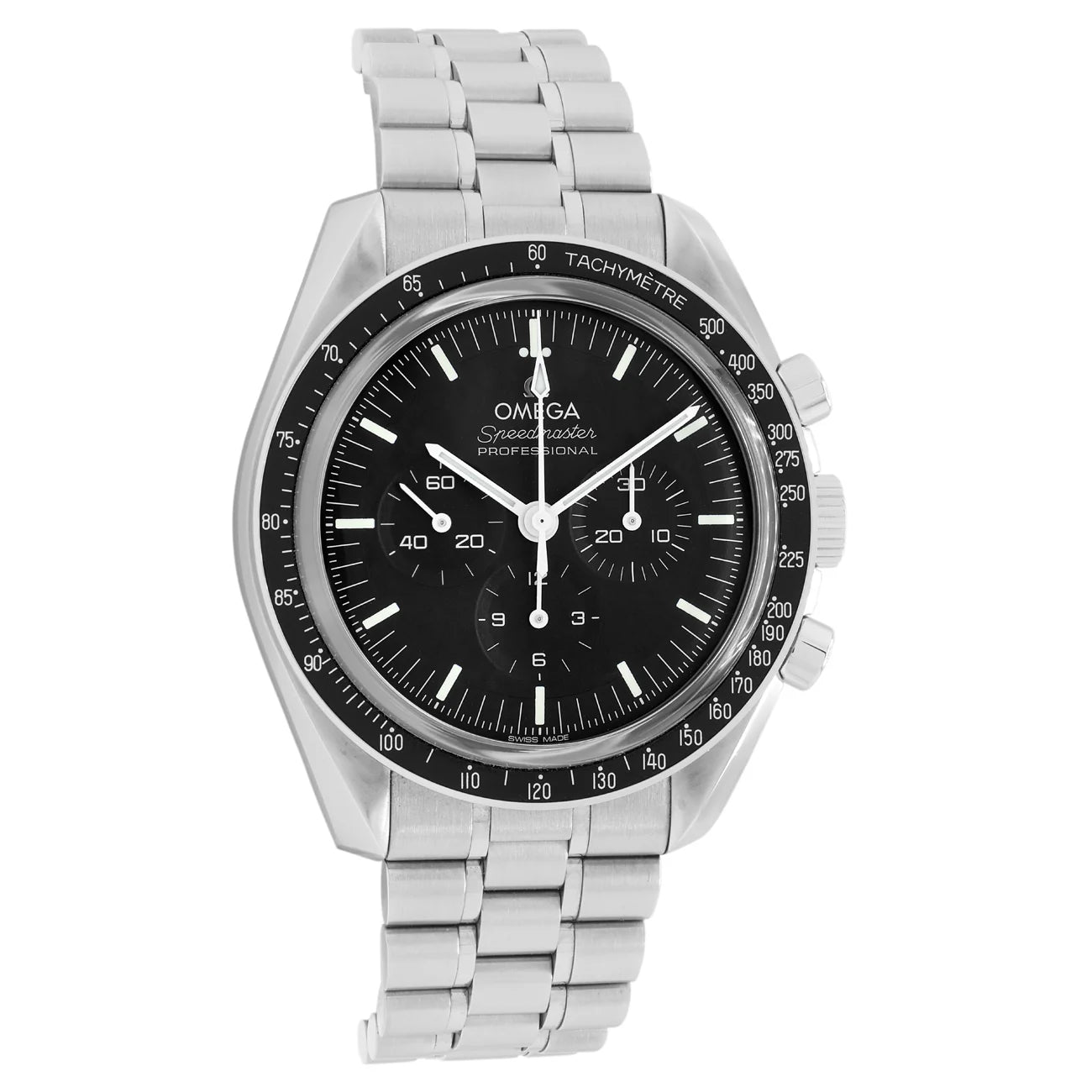 Silver Omega Speedmaster watch with black dial on a white background