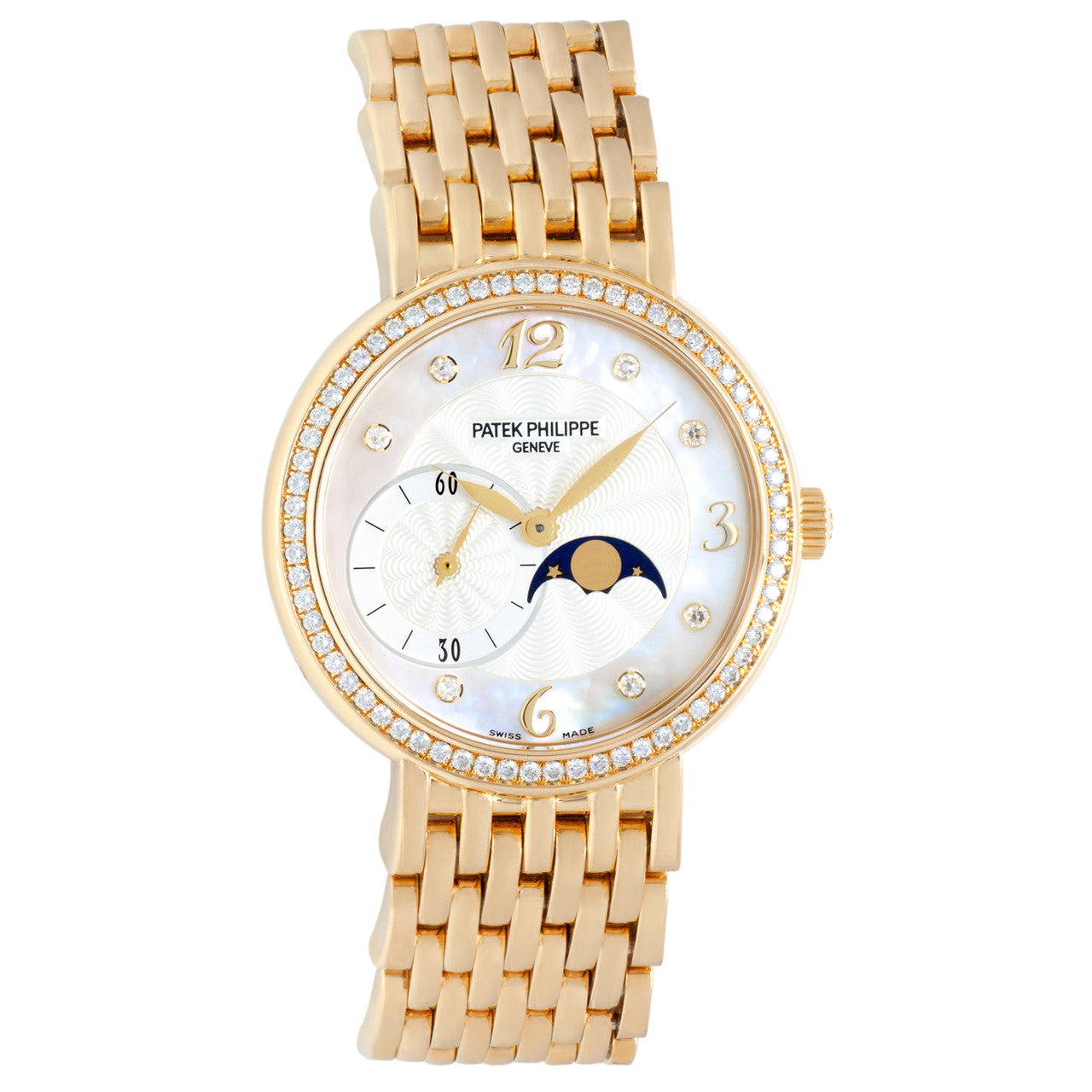 Gold Patek Philippe luxury watch with diamond-studded bezel on a white background