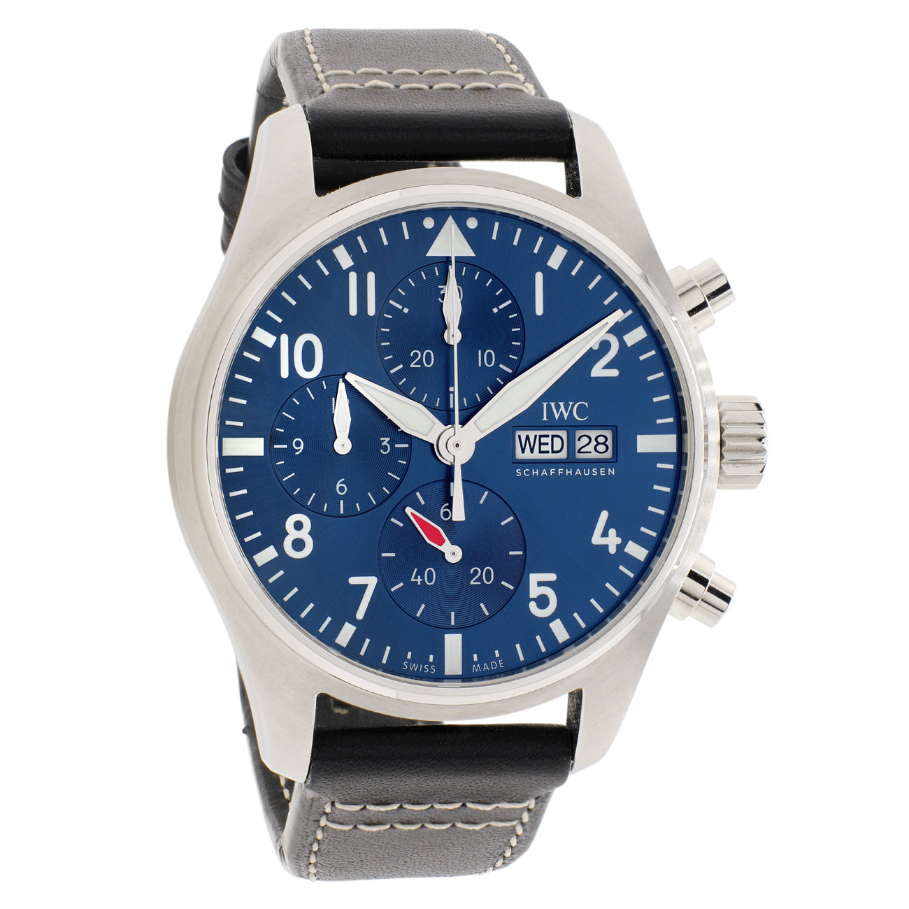 IWC watch with blue dial and black leather strap on a white background