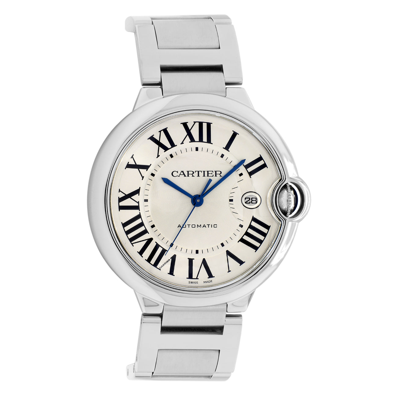 Cartier automatic swiss made watch with silver metal band and white face on a white background