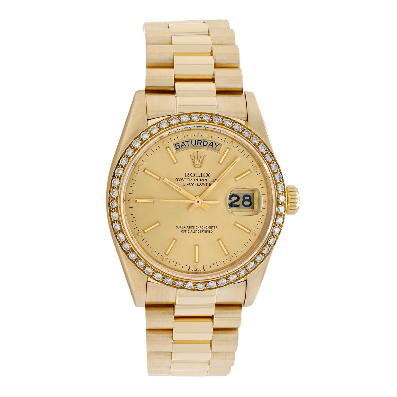 Gold Rolex watch with diamond-studded bezel on a white background
