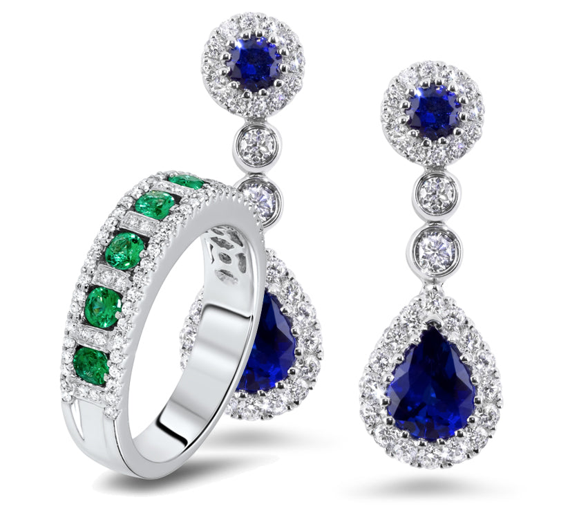 An example of fine jewellery: sapphire earrings and a platinum emerald ring, perfect for fast cash loans at Richmond Luxury & Loan.
