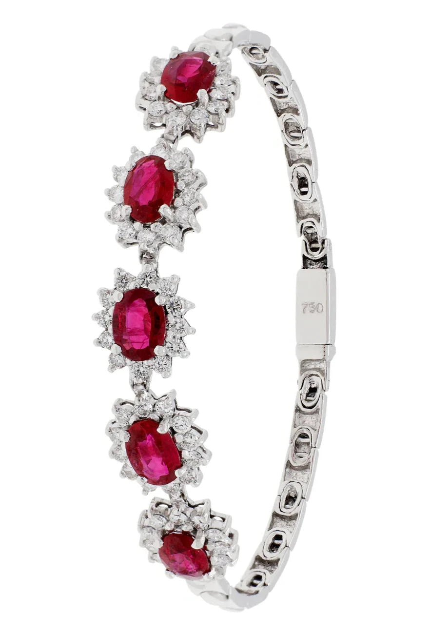 Ruby and diamond bracelet featured in 'How We Work' section: Get free quotes, sell diamonds, or secure loans with same-day payouts.