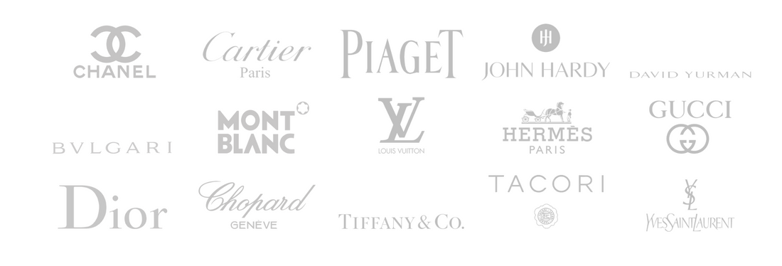 List of luxury brands we work with: Chanel, Cartier, Piaget, Gucci, Louis Vuitton, Hermès, Dior, Tiffany & Co., Bulgari, and more.
