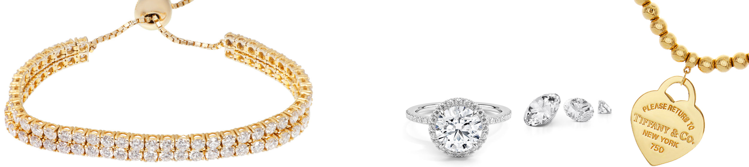 Gold tennis bracelet and diamond engagement ring. Buy, sell, or same-day loans for fine jewellery at Richmond Luxury & Loan.